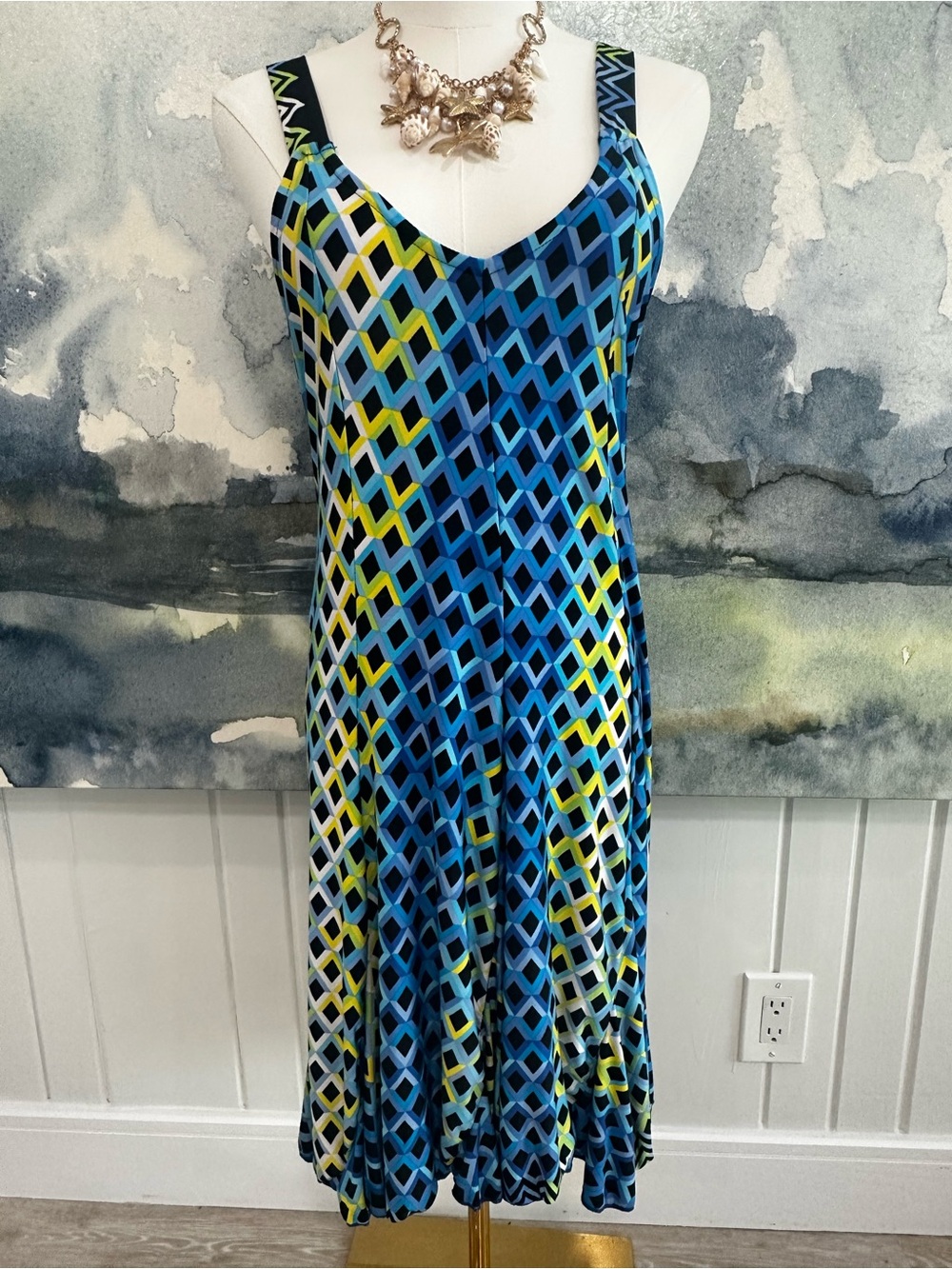 Swirly Floaty Blue & Yellow Geometric Midi Dress - Sleeveless V-Neck